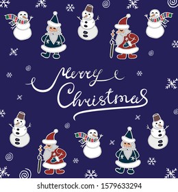 Vector blue drawing in doodle style with lettering composition "Merry Cristmas" above and below surrounded santas, snowmen and snowflakes. For cristmas cards.