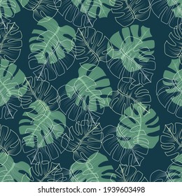 Dibujo azul vectorial verano tropical hawaiano sin fisuras con plantas y hojas tropicales.Ideal para el tejido con temática vacacional, papel pintado, empaque.