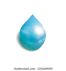 Vector Blue Drop, Realistic Icon, Amorphous Form with Shadow on White Background.