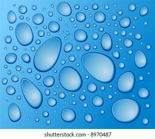 Gotas azules vectoriales en el vidrio