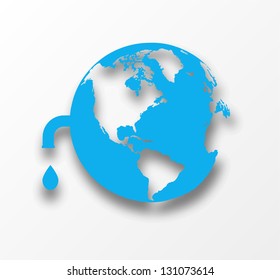Vector blue earth globe with drop of water. Eco concept.