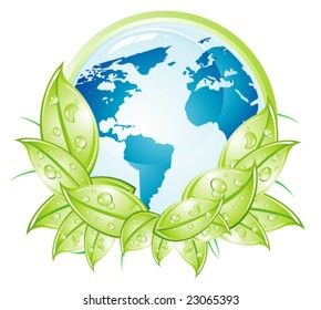 VECTOR Tierra azul y hojas verdes con gotas de agua