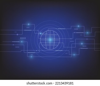 Vector of blue electricity line circuit and world abstract Hi-tech technology background. Innovation concept. Digital art, circuit board.