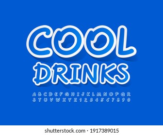 Vector blue emblem Cool Drinks. Handwritten bright Font. Creative Alphabet Letters and Numbers set
