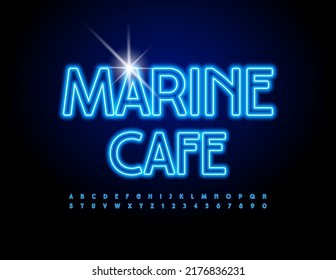 Café marino Emblem azul vector. Neon bright Font. Letras y números de alfabeto brillantes 