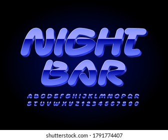 Vektorblaues Emblem Night Bar. Handgeschriebene Buchstaben und Zahlen aus der 3D-Schrift