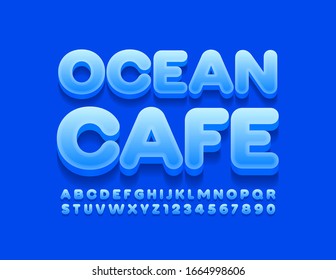 Vector blue emblem Ocean Cafe with Glossy Font. Modern 3D Alphabet Letters and Numbers
