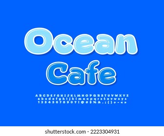 Emblema azul vectorial Ocean Cafe. Luminoso y brillante fuente. Letras y números alfabéticos artísticos