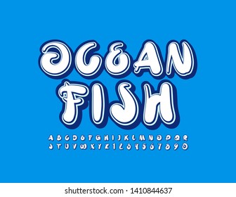 Vector Blue Emblem Ocean Fish. Uppercase Handwritten Font. Vintage Style Alphabet Letters And Numbers