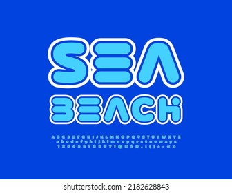 Vector blue emblem Sea Beach. Techno style Font. Unique futuristic Alphabet Letters and Numbers set