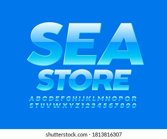 Vector blue emblem Sea Store. Glossy Trendy Font. Stylish Modern Alphabet Letters and Numbers set