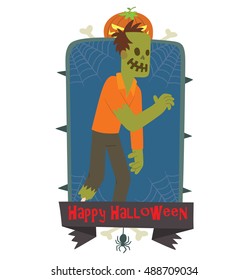 Vector blue emblem with thorns, web, pumpkin, bones, spider, banner and with cartoon image of a funny zombie with green skin standing on a white background. Inscription "Happy Halloween".