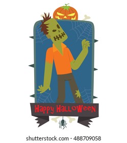 Vector blue emblem with thorns, web, pumpkin, bones, spider, banner and with cartoon image of a funny zombie with green skin walking somewhere on a white background. Inscription "Happy Halloween".