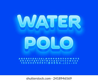 Vector blue emblem Water Polo. Creative glowing Font. Bright set of Alphabet Letters, Numbers and Symbols