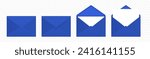 Vector Blue Envelopes with Blank Letter. Folded, Unfolded Isolated Envelope Set. Design Template. Message, Notification, Mailing, Surprise and Congratulations Concept