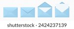 Vector Blue Envelopes with Blank Letter. Folded, Unfolded Isolated Envelope Set. Design Template. Message, Notification, Mailing, Surprise and Congratulations Concept