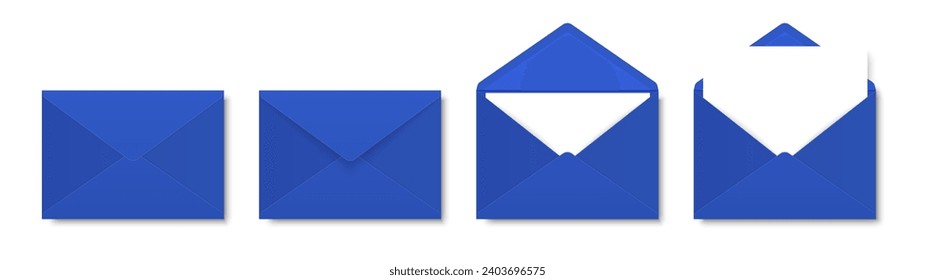 Vector Blue Envelopes with Blank Letter. Folded, Unfolded Isolated Envelope Set. Design Template. Message, Notification, Mailing, Surprise and Congratulations Concept