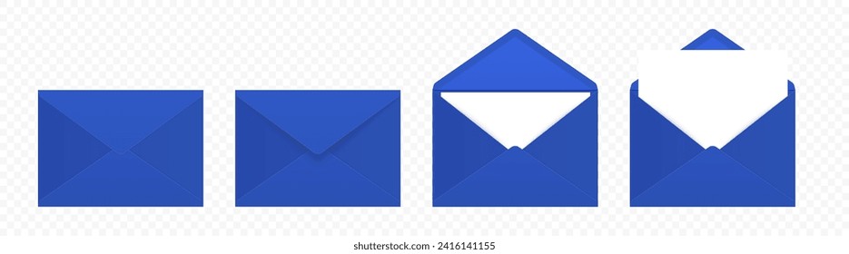 Vector Blue Envelopes with Blank Letter. Folded, Unfolded Isolated Envelope Set. Design Template. Message, Notification, Mailing, Surprise and Congratulations Concept