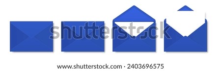 Vector Blue Envelopes with Blank Letter. Folded, Unfolded Isolated Envelope Set. Design Template. Message, Notification, Mailing, Surprise and Congratulations Concept