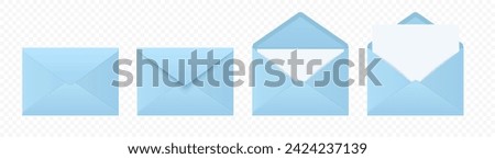 Vector Blue Envelopes with Blank Letter. Folded, Unfolded Isolated Envelope Set. Design Template. Message, Notification, Mailing, Surprise and Congratulations Concept