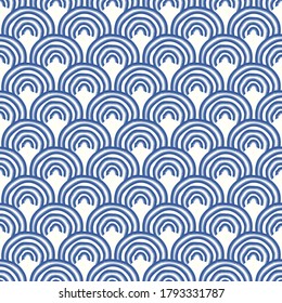 vector blue ethnic circle wave lines seamless pattern on white