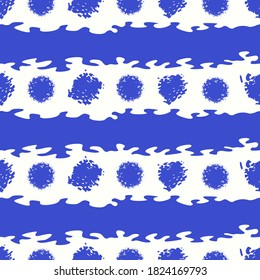 vector blue ethnic rough circle and horizontal lines brush stroke seamless pattern on white