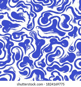 vector blue ethnic rough freeform and lines brush stroke seamless pattern on white