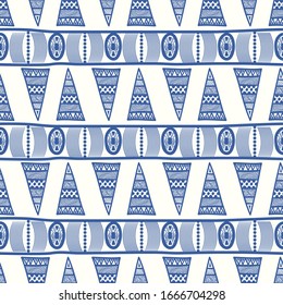 vector blue ethnic triangle horizontal lines seamless pattern on white
