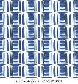 vector blue ethnic vertical and horizontal stripe lines seamless pattern on white