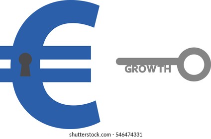 Vector blue euro symbol with keyhole and grey growth key.