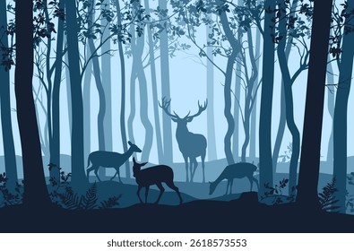 Vector blue evening forest landscape with silhouettes of trees and deer