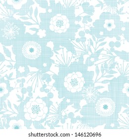 Vector blue fabric  texture garden silhouettes seamless pattern background on dark blue.
