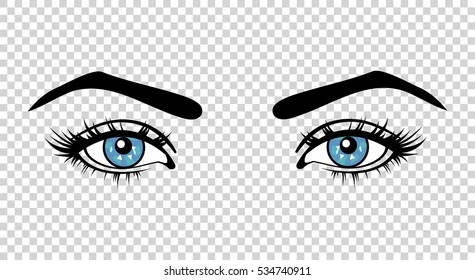 Vector blue female eyes with long lashes and make up. Beautiful girls eyes on transparent background