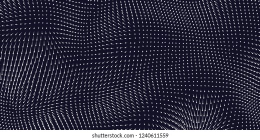 Vector blue field visualization of forces. Magnetic or gravitational fluctuations chart. Science backdrop with a matrix of arows with magnitude and direction. Flow representation. Interaction