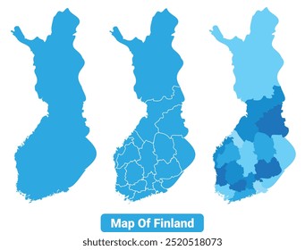 Vetor Azul Finlândia mapas políticos com regiões de fronteiras simples plano ilustração conjunto 