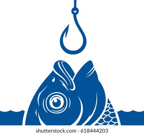 Vector blue fish head and fishing hook on the water background. 