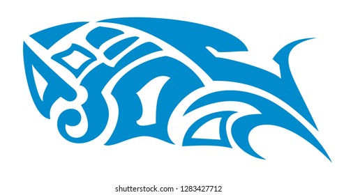 Vector blue fish symbol in tribal style. Fish as a decorative element on a white background for your design, for a tattoo, an emblem, etc.