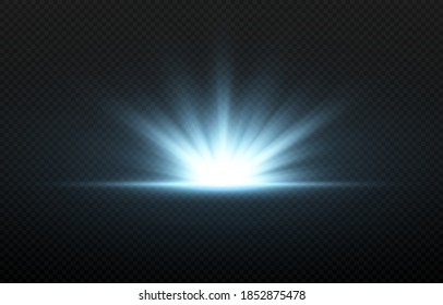 Vector blue flash of light. Blue light, rays, vector glow. Light png. Beginning, dawn, sunrise, vector glow.