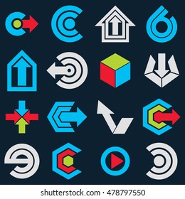 Vector blue flat simple navigation pictograms collection. Set of corporate abstract design elements. Arrows and circular web icons.