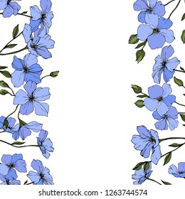 Vector. Blue flax. Floral botanical flower with green leaves. Engraved ink art. Floral flower border design.