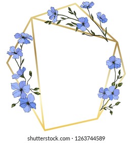 Vector. Blue flax. Floral botanical flower. Spring leaf wildflower. Engraved ink art. Frame golden crystal. Geometric crystal stone polyhedron mosaic shape.