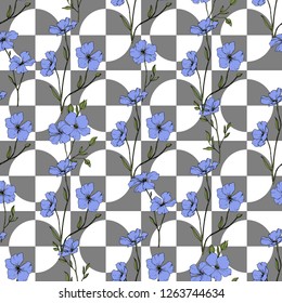 Vector. Blue flax. Floral botanical flower. Spring leaf wildflower. Engraved ink art. Seamless pattern on white background. Fabric wallpaper print texture.