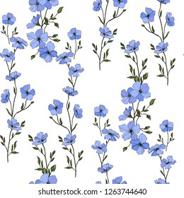 Vector. Blue flax. Floral botanical flower. Spring leaf wildflower. Engraved ink art. Seamless pattern on white background. Fabric wallpaper print texture.