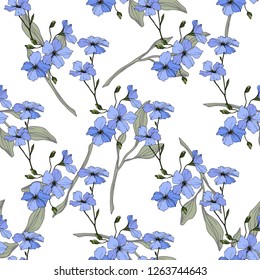 Vector. Blue flax. Floral botanical flower. Spring leaf wildflower. Engraved ink art. Seamless pattern on white background. Fabric wallpaper print texture.