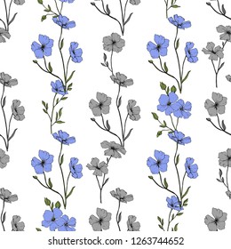 Vector. Blue flax. Floral botanical flower. Spring leaf wildflower. Engraved ink art. Seamless pattern on white background. Fabric wallpaper print texture.