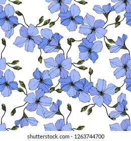 Vector. Blue flax. Floral botanical flower. Spring leaf wildflower. Engraved ink art. Seamless pattern on white background. Fabric wallpaper print texture.