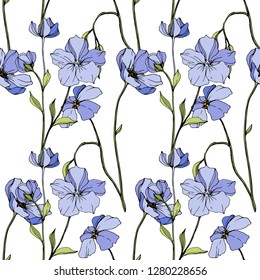 Vector Blue flax. Floral botanical flower. Wild spring leaf wildflower isolated. Engraved ink art. Seamless background pattern. Fabric wallpaper print texture.