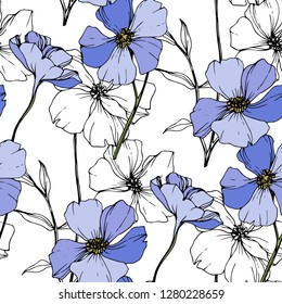 Vector Blue flax. Floral botanical flower. Wild spring leaf wildflower isolated. Engraved ink art. Seamless background pattern. Fabric wallpaper print texture.