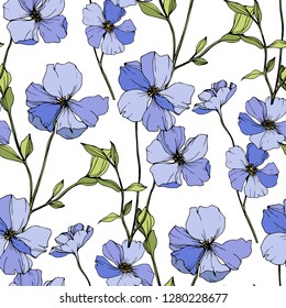 Vector Blue flax. Floral botanical flower. Wild spring leaf wildflower isolated. Engraved ink art. Seamless background pattern. Fabric wallpaper print texture.