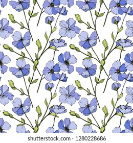 Vector Blue flax. Floral botanical flower. Wild spring leaf wildflower isolated. Engraved ink art. Seamless background pattern. Fabric wallpaper print texture.